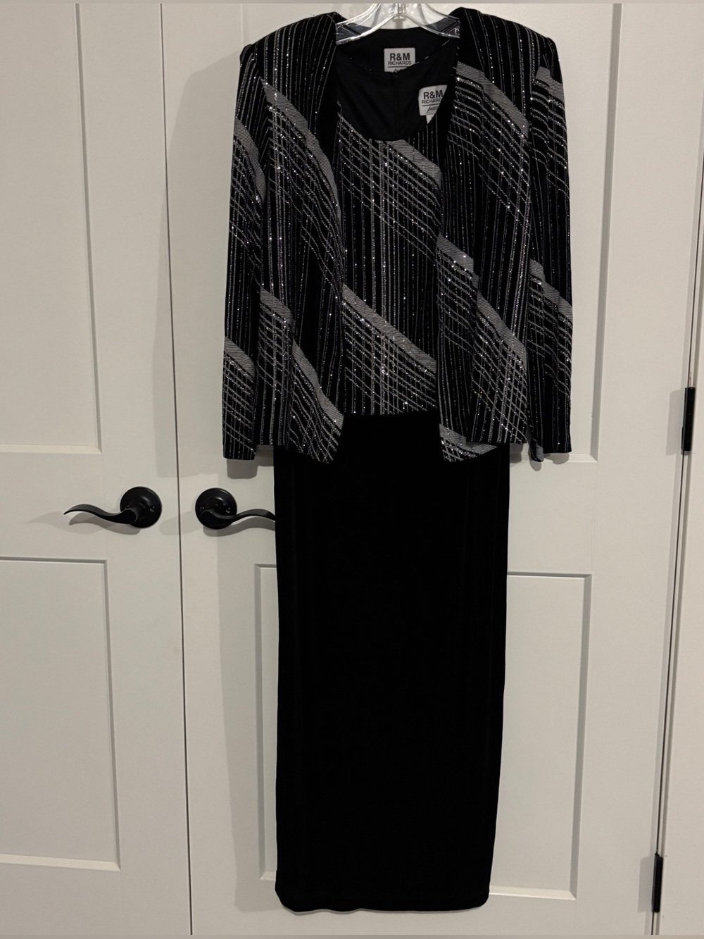 R&M Richards 2-Piece Metallic Sequin Stripe Jacket & Maxi Dress Set Holiday